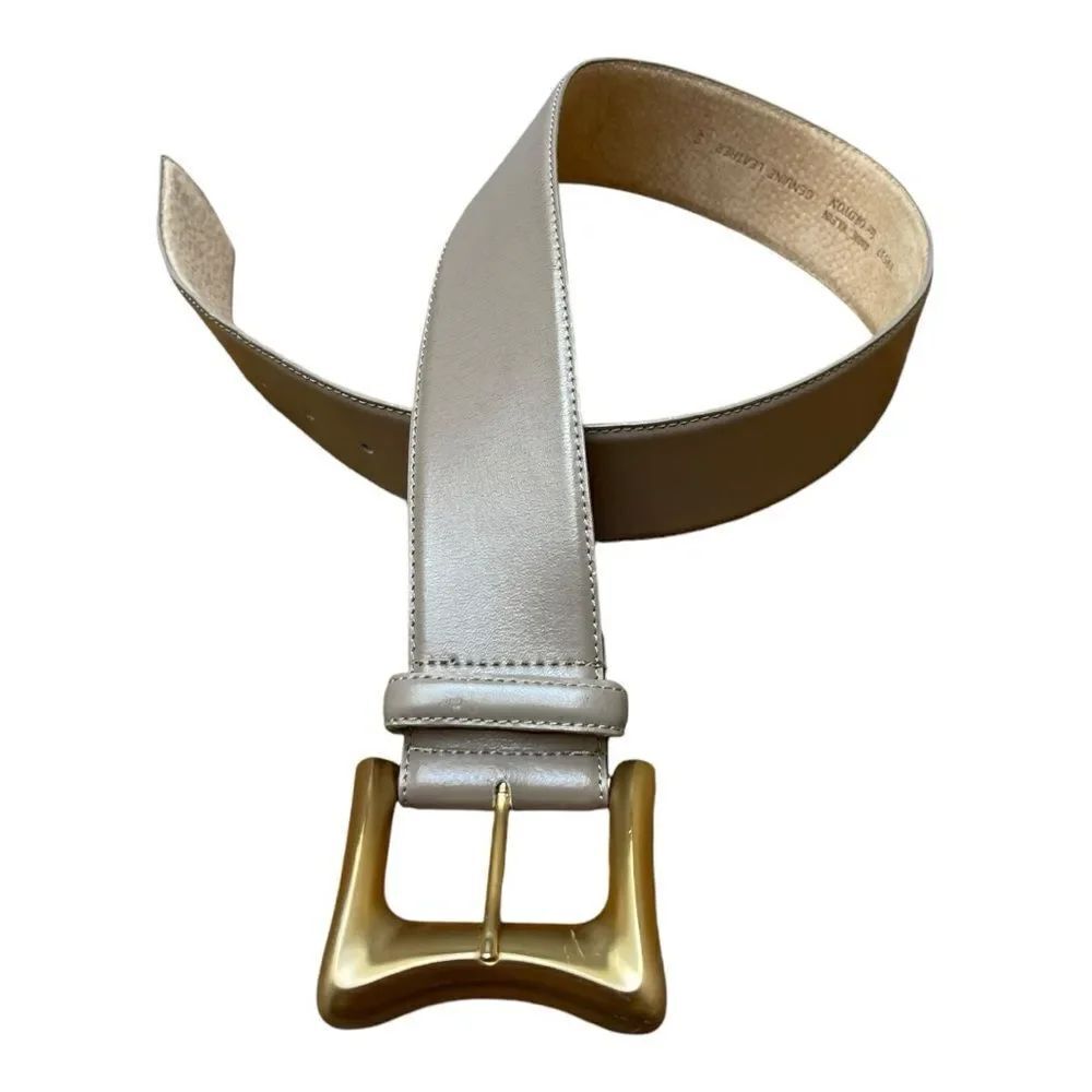 Ann Klein Taupe Gray Leather Waist Belt Gold Buckle Size S Classic Elegant EUC